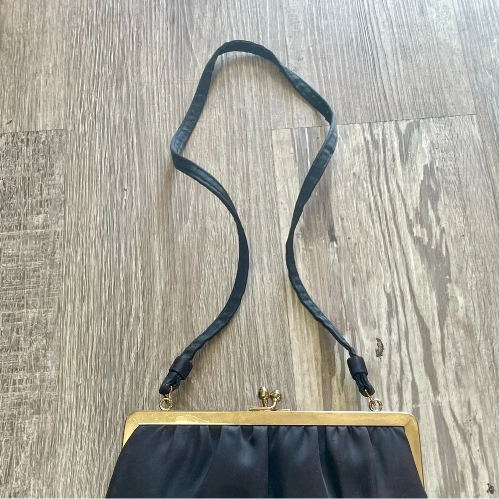Vintage 60s Ande Black Satin Evening Bag + Tortoise Shell Style Clasp Purse - Picture 10 of 16